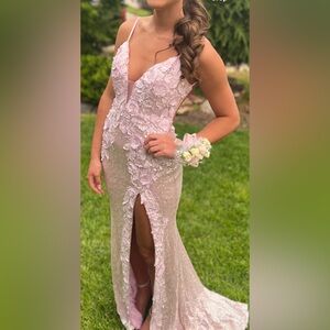 JVN by Jovani Pink Floral Appliqué Prom Dress